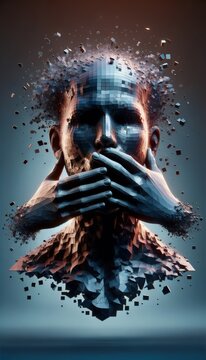 A dramatic digital artwork depicting a human face being silenced by hands, with a shattered effect, implying themes of censorship, repression, and the fragility of free expression