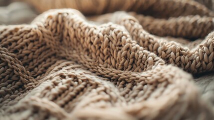 Close-up of a thick, knitted beige blanket with a textured pattern, depicting comfort and warmth...
