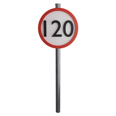 120 maximum speed limit sign on the road clipart flat design icon isolated on transparent background, 3D render road sign and traffic sign concept