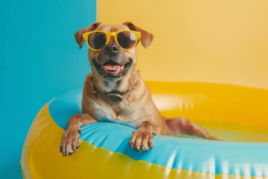 Cute dog relaxing in a summer swimming pool inflatable ring float