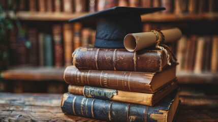 A graduation cap resting atop a stack of aged hardcover books in a library with bookshelves in the background. - obrazy, fototapety, plakaty