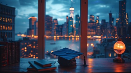 Obraz premium A graduation cap rests on a windowsill, the glowing city skyline at twilight in the background, symbolizing achievement and future opportunities.