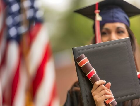  A young graduate proudly displays her diploma, with the American flag blurred in the background, symbolizing academic success in the USA..