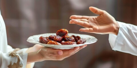 Charity or concept of giving during Ramadan holy month, Eid al-Fitr. Muslim hand giving a plate of...