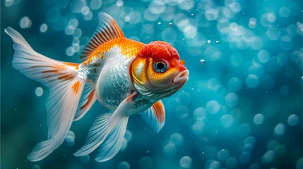 Fotobehang  A goldfish swimming with air bubbles from its mouth in the water.  © Nuntapuk