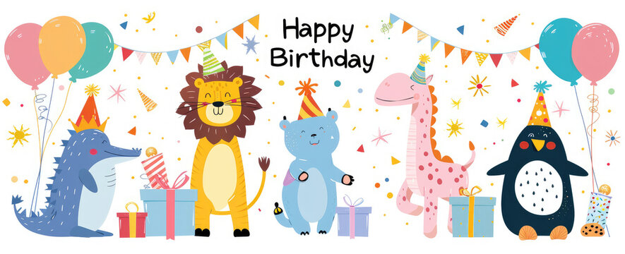 Set of cute cartoon animals with birthday gifts, balloons and text "Happy Birthday" on white background.
