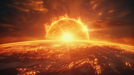Gardinen Global warming and heat wave, 6K, sun near Earth, vibrant and intense, urgent environmental theme © Thanadol