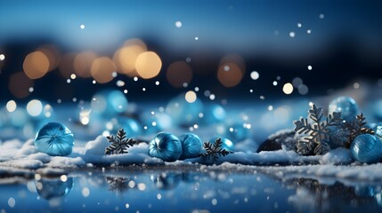 Winter snow background with snowdrifts, with beautiful light and snow flakes on the blue sky in the evening, banner format, copy space - obrazy, fototapety, plakaty