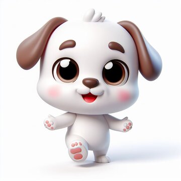 Cheerful white puppy with long brown ears, big eyes, pacing, open mouth, animated picture, 3D