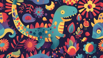 Colorful Dinosaur and Floral Pattern on Navy Blue Wallpaper Background