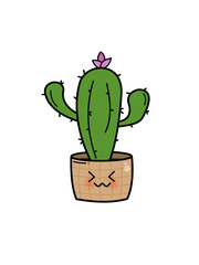 a cartoon of cactus? with pink flower in yellow pot that has a afraid face vector png