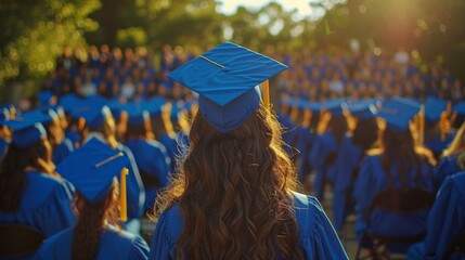Rear view of a female graduate with long hair wearing a blue cap and gown among fellow graduates at an outdoor commencement ceremony.