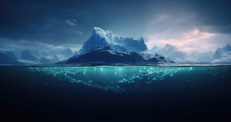 Big iceberg with its visible and underwater or submerged parts floating in the blue ocean. Hidden threat or danger, risk, appearance and global warming, christmas concept. AI - obrazy, fototapety, plakaty
