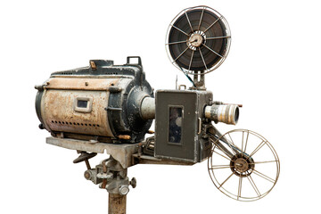 Vintage movie projector with film reel isolated on white background. Retro old cinema projector machine isolated. Ancient old video projector