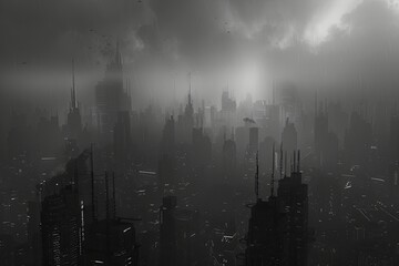 a dark ominous city, cinematic feel. 