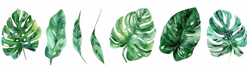 Several vibrant green leaves arranged neatly against a clean white backdrop - obrazy, fototapety, plakaty