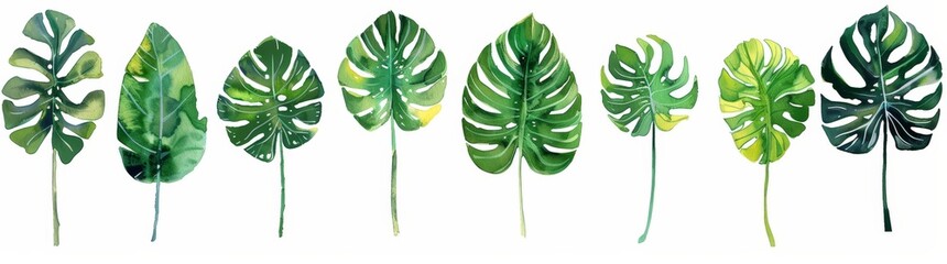 Collection of vibrant green leaves neatly aligned in a row against a plain white background - obrazy, fototapety, plakaty