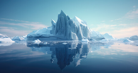 Big iceberg with its visible and underwater or submerged parts floating in the blue ocean. Hidden threat or danger, risk, appearance and global warming, christmas concept. AI - obrazy, fototapety, plakaty