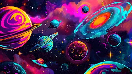 Obraz na płótnie Canvas Vibrant Space Neon Planets Wallpaper Background