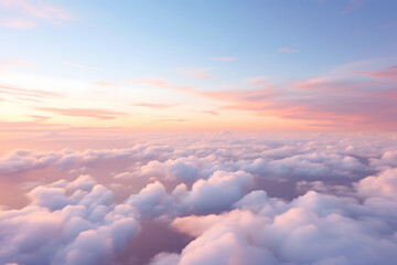 Tranquil sunrise above fluffy clouds, with warm pink and orange hues blending into a serene blue sky. Generative AI