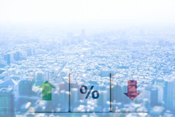 This image is a collage of a cityscape seen from above and an image of rising interest rates. The cityscape symbolizes economic development and prosperity. On the other hand, rising interest rates rep