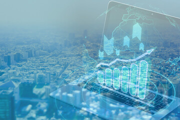 This image is a collage of a cityscape seen from above and an image of rising interest rates. The...