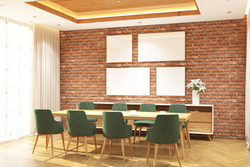 3d rendering interior of dining room with credenza and 4 frames mock up. Wood parquet floor and red brick wall background. Set 3