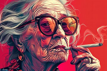 Grandmother seen smoking a marijuana joint  - obrazy, fototapety, plakaty