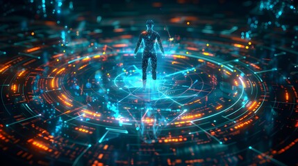 Futuristic Blue and Orange Human Digital Interface Wallpaper Background