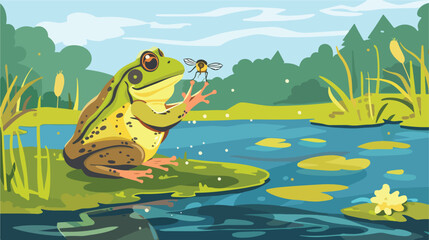 Frog catching and eating fly flat cartoon vactor il - obrazy, fototapety, plakaty