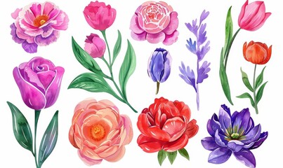 A collection of colorful flowers arranged together on a plain white background - obrazy, fototapety, plakaty