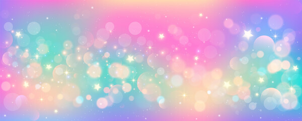 Rainbow unicorn background. Pastel fantasy sky with bokeh and stars. Magic holographic galaxy. Marble kawaii texture. Vector cosmic girlie wallpaper.