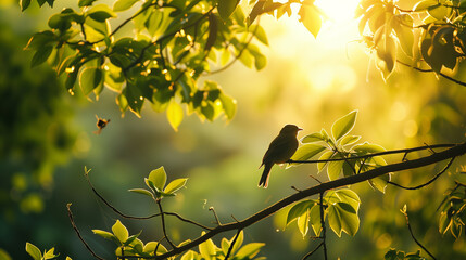 Obraz premium Silhouette of a Bird Perched on a Tree Branch During Golden Sunset