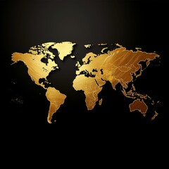 A gold colored map of the world is shown on a black background