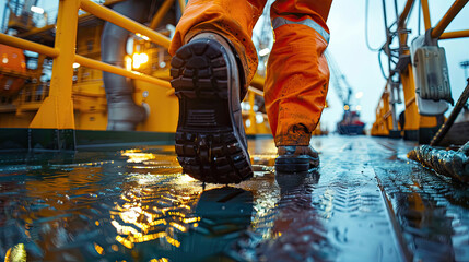 Close up of Offshore oil rig worker walks to an oil and gas facility to work in the process. - obrazy, fototapety, plakaty
