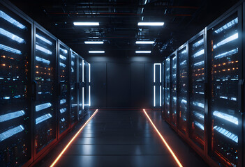A digital illustration of a high-tech server room.