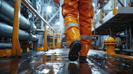 Close up of Offshore oil rig worker walks to an oil and gas facility to work in the process.