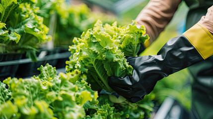 farmer ware agricultural gloves keep vegetable at hydroponic farm and observing growth vegetable meticulously before delivered to the customer. Hydroponic vegetables growing in greenhouse.