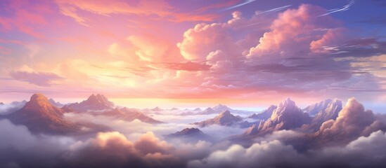 An artwork depicting a majestic mountain range under a colorful sunset with dramatic clouds in the sky - obrazy, fototapety, plakaty