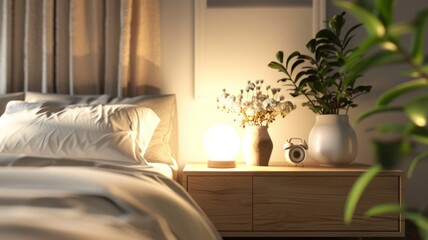 Bedroom interior with muted tones and sunset - A calming bedroom scene with muted colors and a soft sunset light, creating a peaceful space for rest and relaxation
