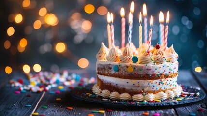 Funfetti birthday cake with colorful candles - A cheerful funfetti cake with colorful sprinkles and candles against a glittering blue background