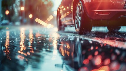 Car driving on wet city street with light reflections - A city scene featuring a car driving through rain-soaked streets with vibrant reflections of urban lights, creating a moody and atmospheric comp - obrazy, fototapety, plakaty