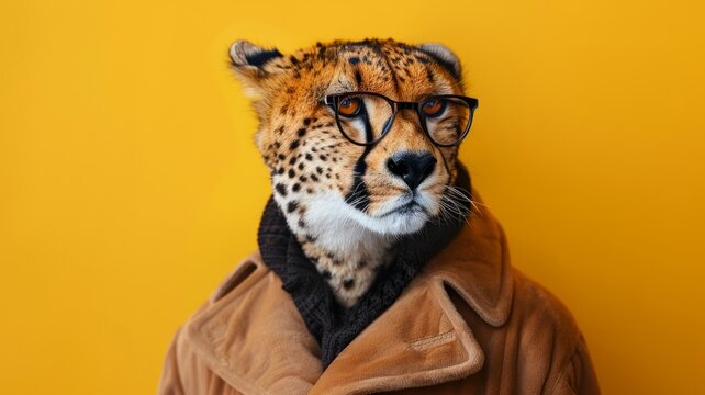 Cheetah wearing glasses and stylish coat - A humorous and striking image of a cheetah donning glasses and a fashionable brown coat against a vibrant yellow background