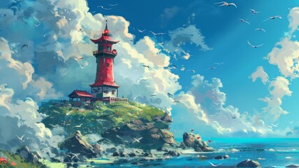 Idyllic red lighthouse on a sunny cliff - A serene and vibrant artwork showcasing a red lighthouse perched on a cliff with seagulls flying around under a clear blue sky - obrazy, fototapety, plakaty