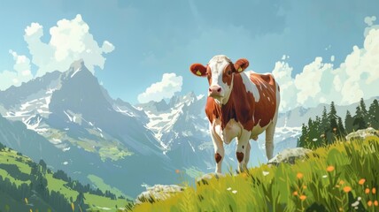 Fototapeta na wymiar Brown and white cow in a lush meadow - A serene cow stands in the foreground with a scenic backdrop of snowy mountains, green meadow, and clear skies