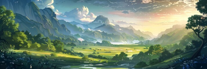 Breathtaking fantasy mountain landscape - A serene fantasy landscape showing a detailed valley with mountains, forest, and a sunset sky - obrazy, fototapety, plakaty