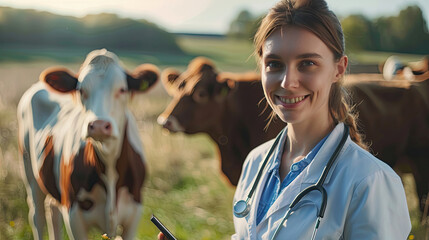 Portrait veterinary doctor young woman on background man with ultrasound device for rectal checking cow pregnancy. Concept worker of industry livestock cattle farm. - obrazy, fototapety, plakaty