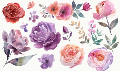 A collection of various colorful flowers displayed against a pure white background