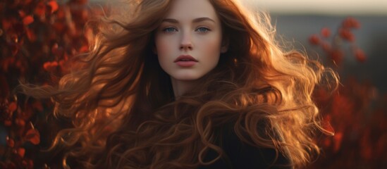 The image shows a woman with fiery red hair standing gracefully in a vast field of green grass and colorful wildflowers.