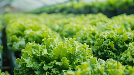Salad farm vegetable green oak lettuce. Close up fresh organic hydroponic vegetable plantation produce green salad hydroponic cultivate farm. Green oak lettuce salad in green Organic plantation Farm. - obrazy, fototapety, plakaty